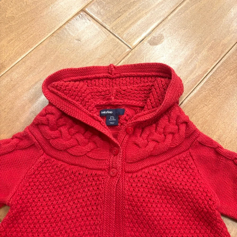 Baby Gap Girls Red Knit Cardigan Sweater w/ Hood Button-up Cotton 6-12 months